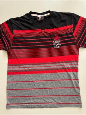 Men's Short Sleeve V-Neck Striped Tee in Black, Red & Gray - 283 APE